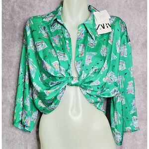 ZARA Green Twist Front Crop Top Blouse‎ Knotted Womens Size Medium Bell Sleeves